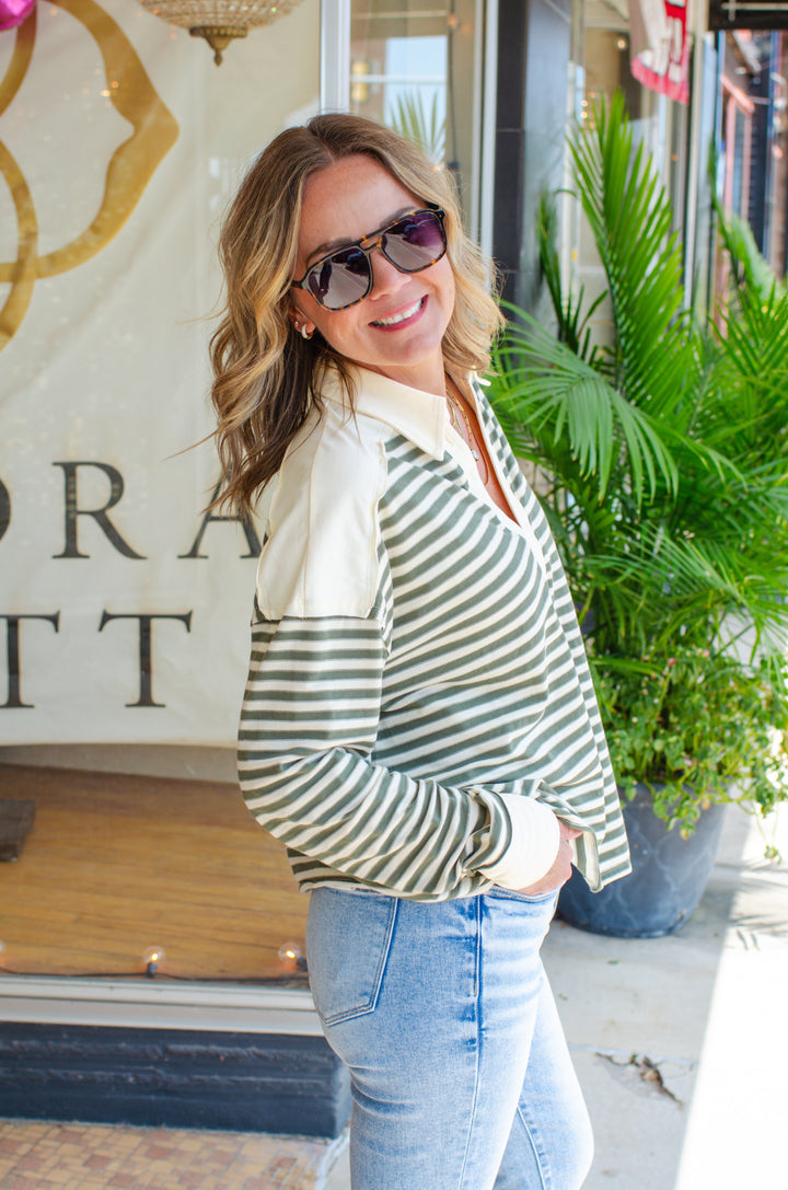 Fall Feels Stripe Henley Sweatshirt in olive & cream