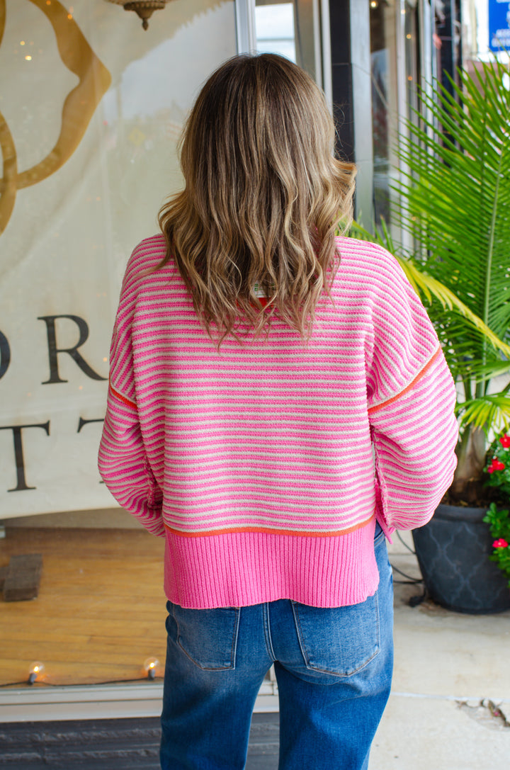 Get Cozy Soft Ribbed Knit Round Neck Color Block Sweater in Pink