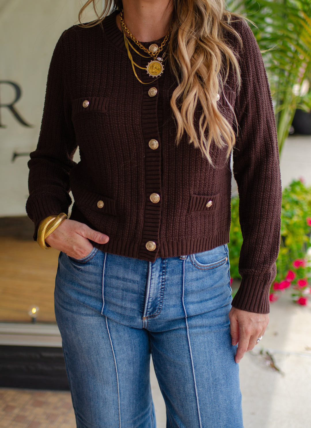 Stylish Moments Gold Button Detailed Sweater Top in Brown
