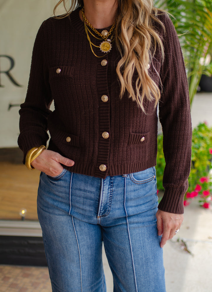 Stylish Moments Gold Button Detailed Sweater Top in Brown