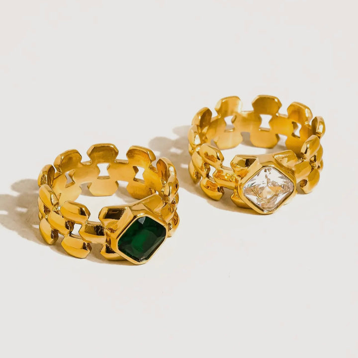 LUXE Madeline 18K Gold Plated Non-Tarnish Emerald CZ Watchband Ring