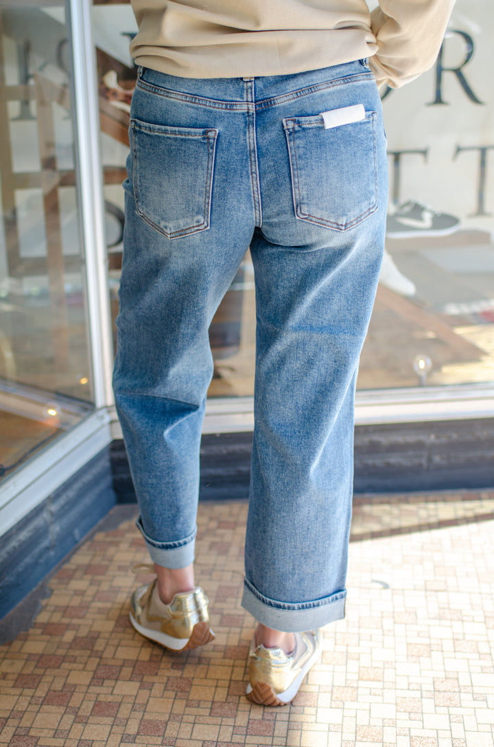 Risen High Rise Cuffed Straight Leg Jeans in Medium