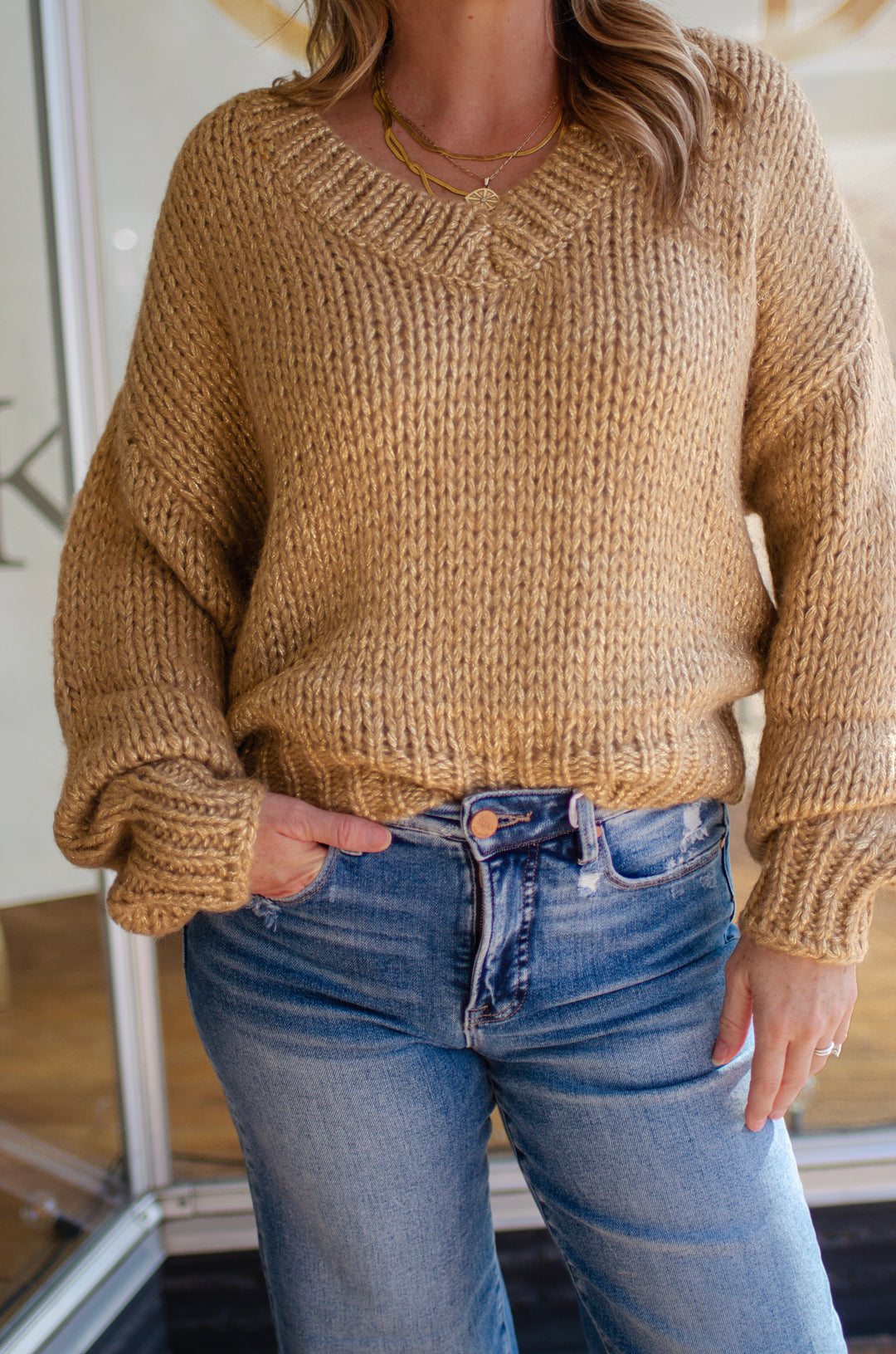 Forever Intertwined Metallic Gold & Canel V-Neck Knit Sweater