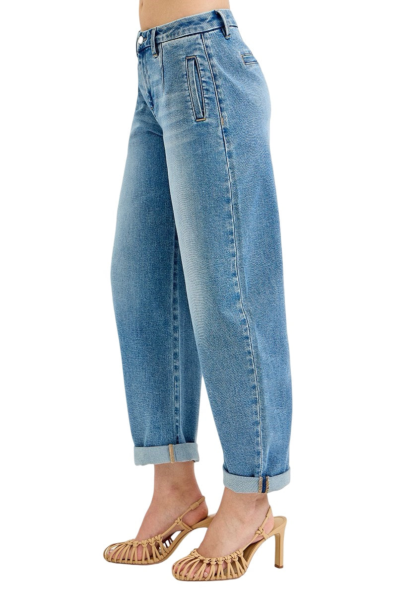 Risen Slouchy Barrel Rolled Up Jeans in Medium Wash
