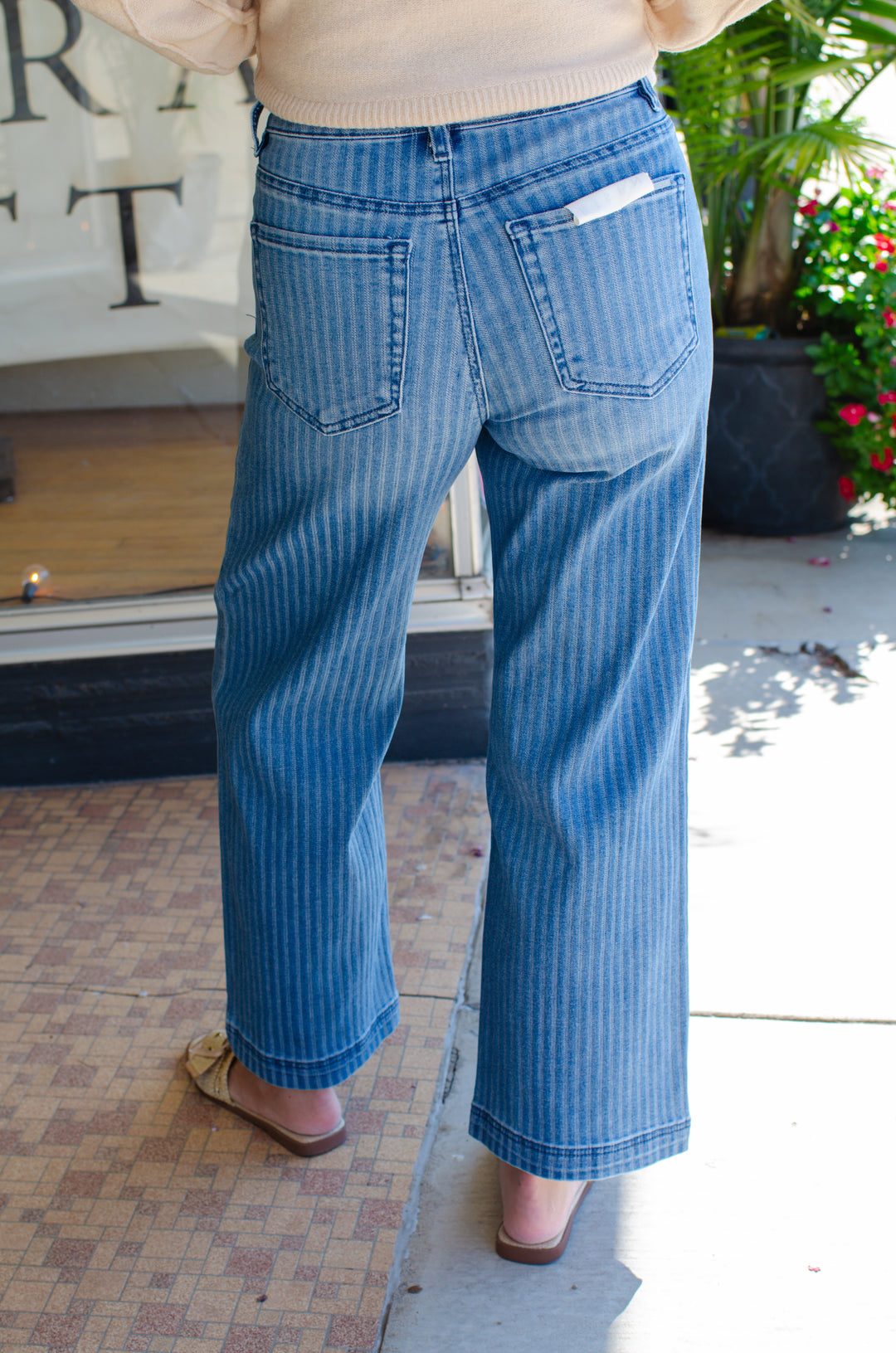 Risen Tummy Control High Rise Crop Straight Stripe Jeans in Medium Wash