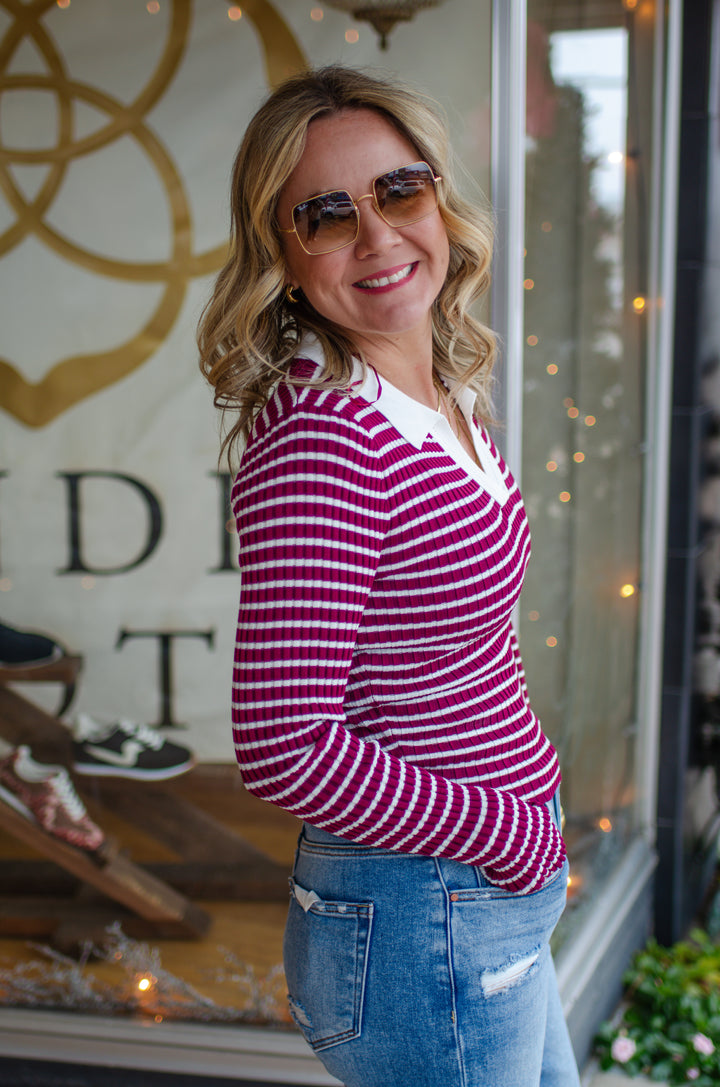 Take Heart Fitted Stripe Collared Long Sleeve in Wine & Ivory