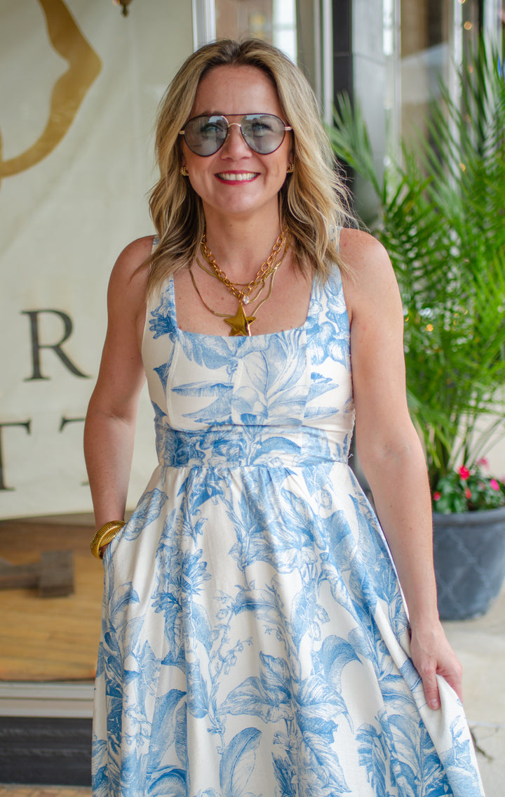 Take My Lead Blue Toile Printed Midi Dress