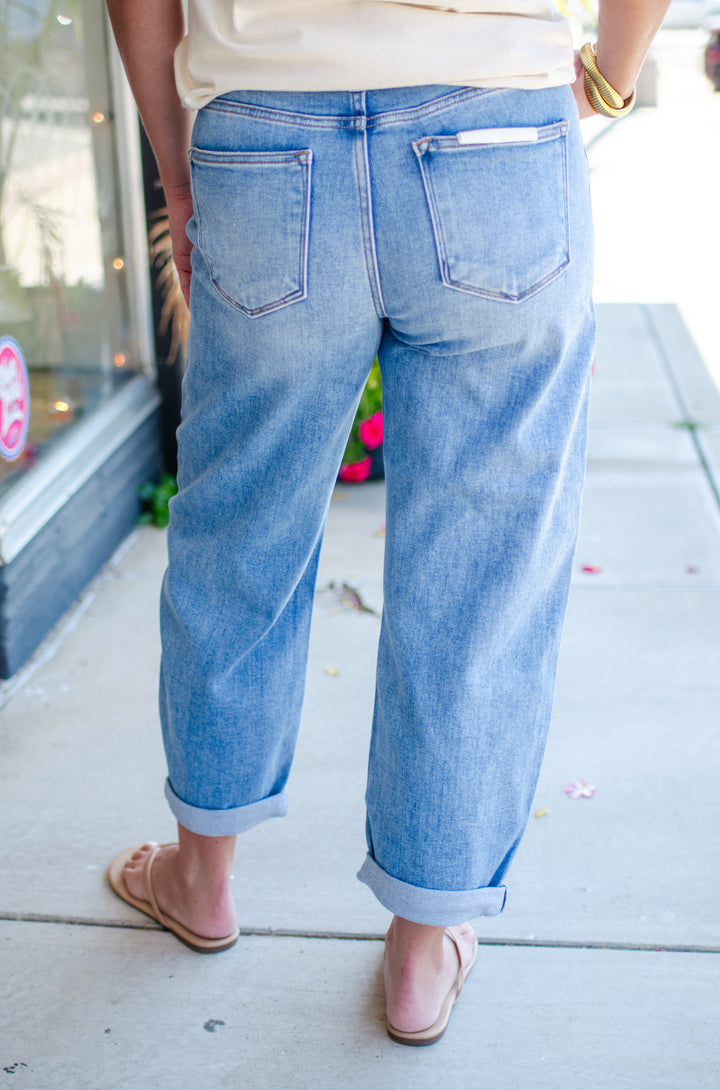 Risen High Rise Crop Barrel Jeans in Medium Wash