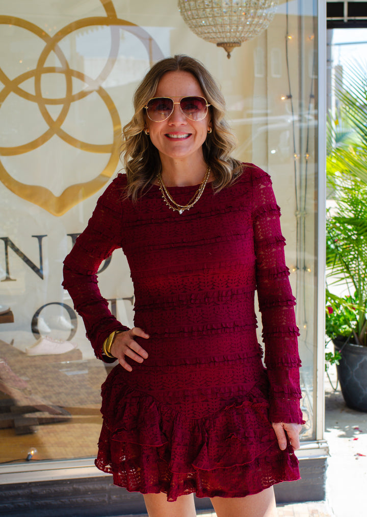 Spin Me Around Burgundy Lace Long Sleeve Dress
