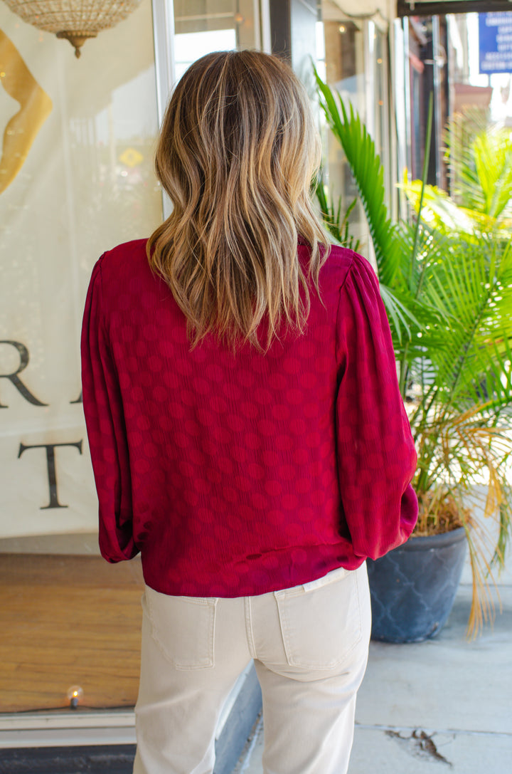 Always Classic Textured Polka Dot Collar Button Down Top in Wine