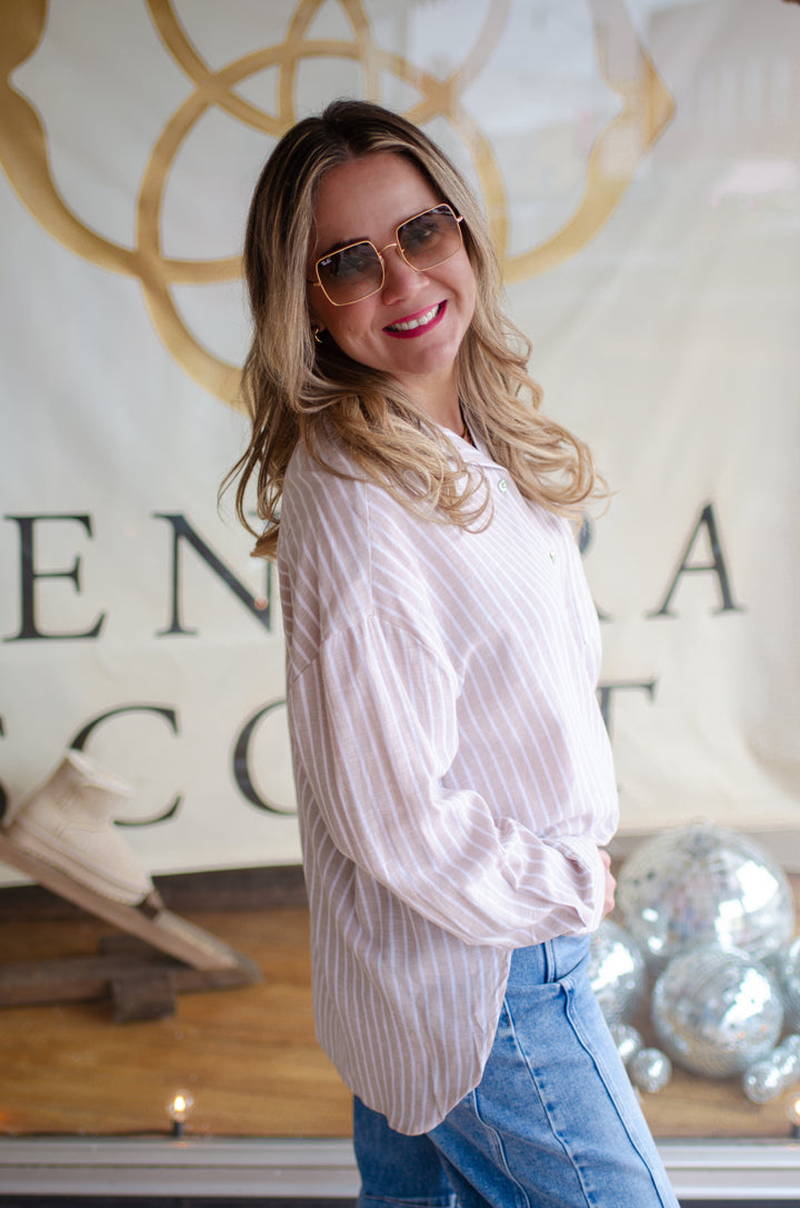 Perfect Preppy Button Down Collared Top in Beige