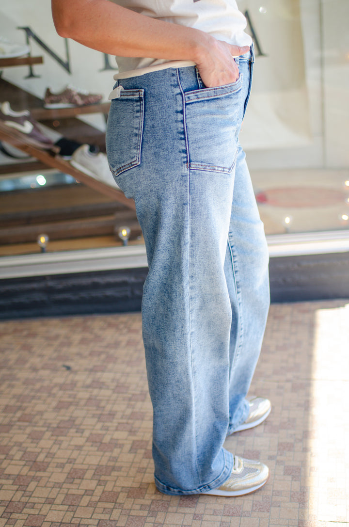 Risen High Rise Ankle Wide-Cuffed Jeans in Medium