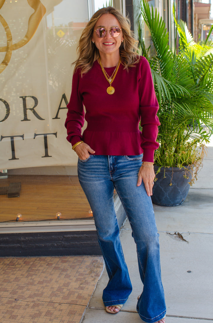 Hold Me Close Fitted Peplum Sweater in Wine
