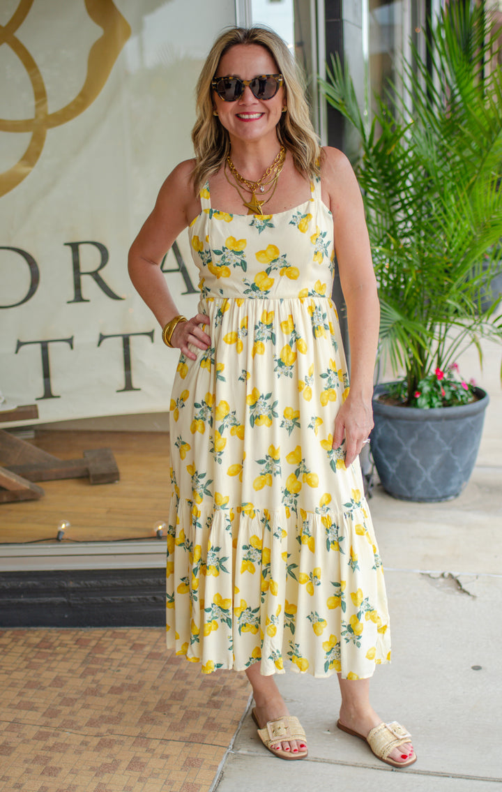 Amalfi Vibes Lemon Printed Tiered Maxi Dress in Cream