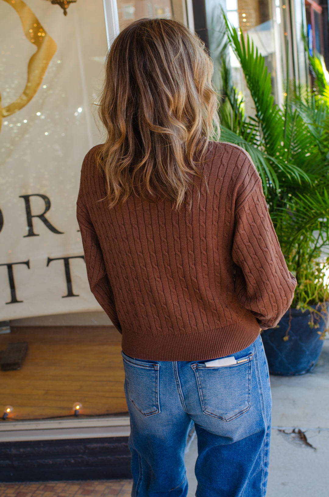 Preppy Way Collared 2-Tone Cable Knit Sweater in Mocha