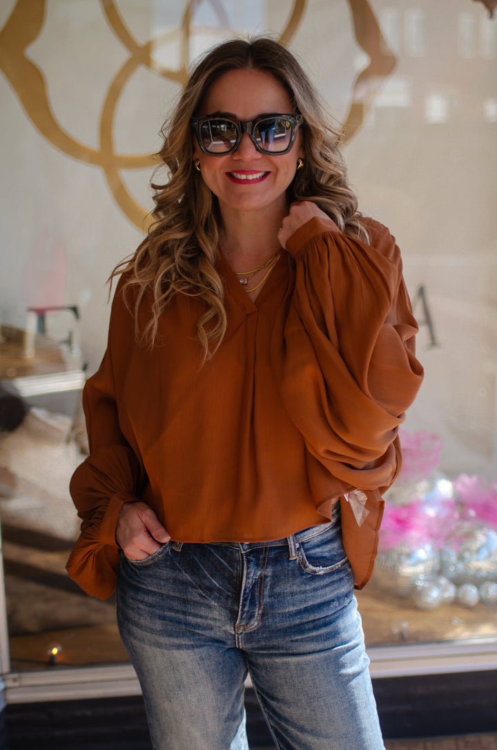 Classic Cur V-Neck Shimmer Balloon Sleeve Blouse in Camel