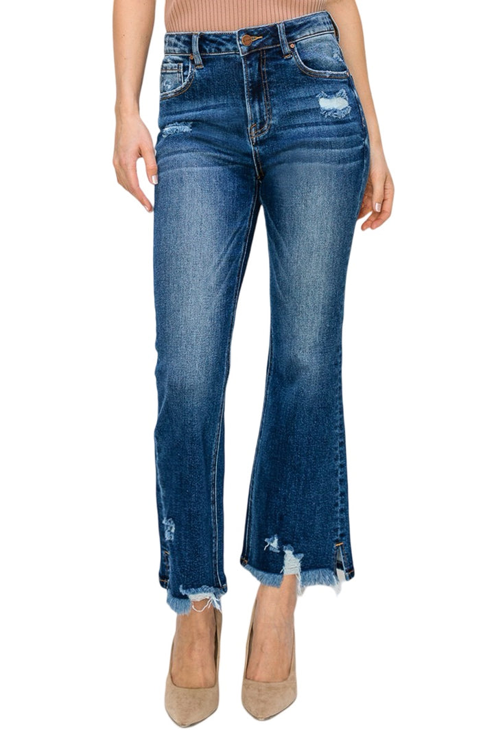 Risen High Rise Crop Flare Jeans in dark wash