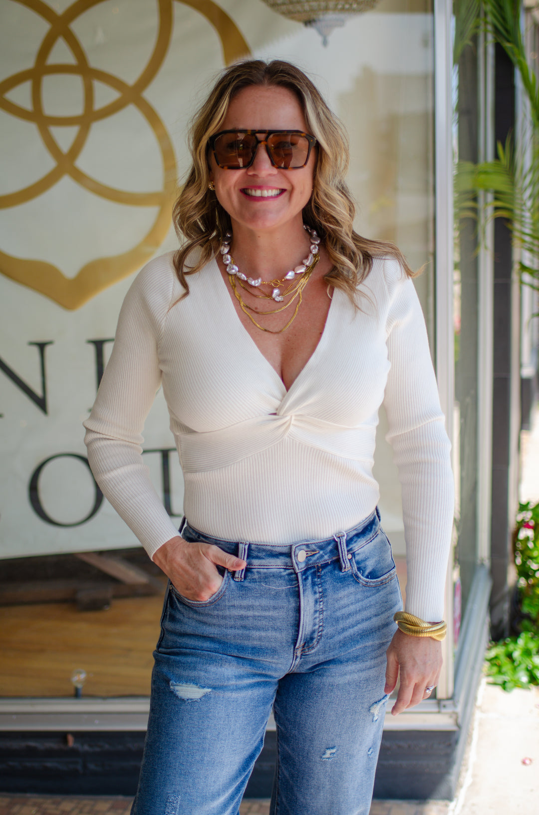 Turn Me Around Twist Front Ribbed Bodysuit in Cream