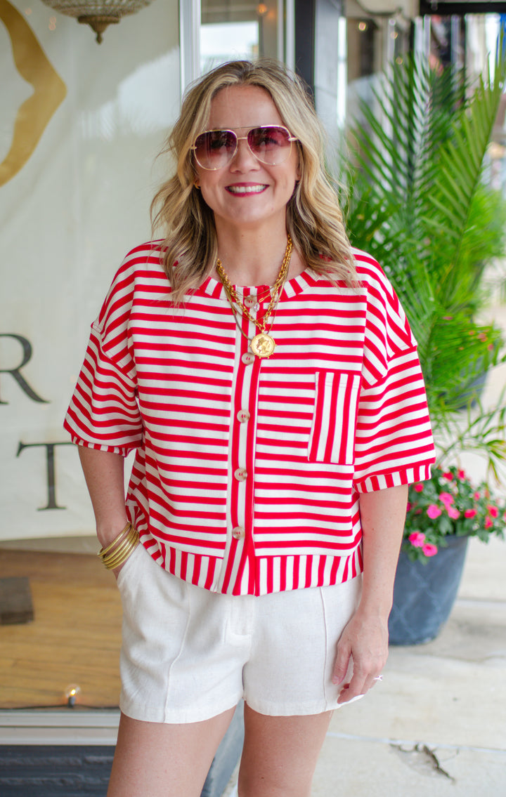 Bold Moments Stripe Pocket Short Sleeve Top in Red
