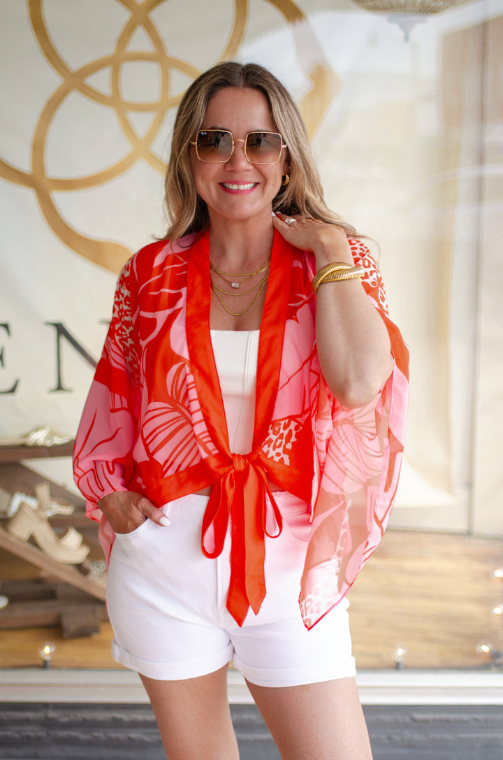 Here Comes The Sun Coral Floral Tie Front Kimono Top