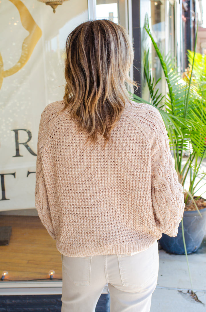 Warm Embrace Soft Chenille Cable Knit Sweater in Camel