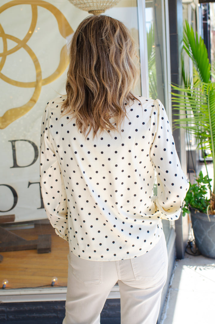 Night Out Polka Dot Button Down Bow Neckline Blouse in Off White & Black