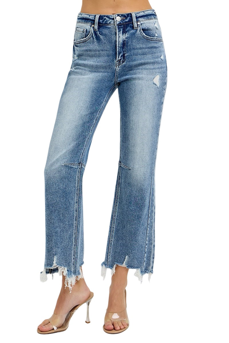 Risen High Rise Crop Straight Distressed hem jeans in medium wash