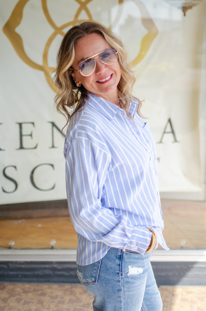 Fall Classic Stripe Button Down Boyfriend Top in Blue