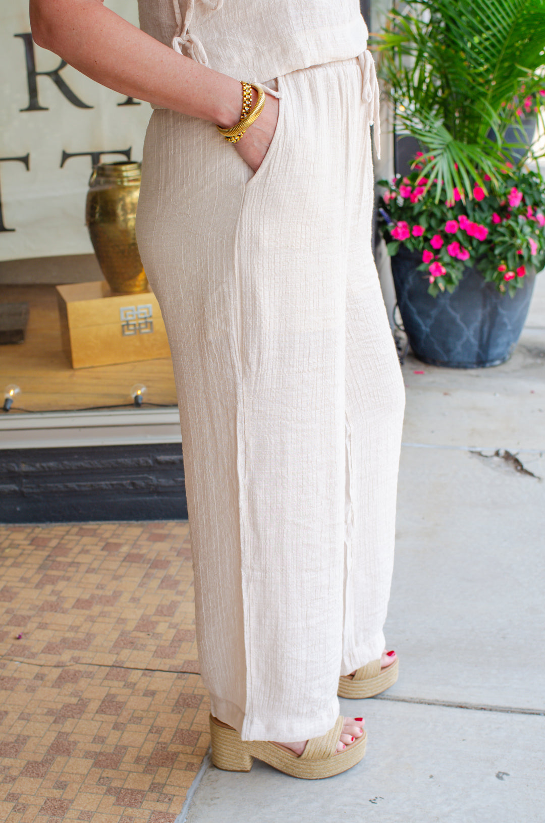 Take Me To The Beach Textured Drawstring Wide Leg Pant in Natural