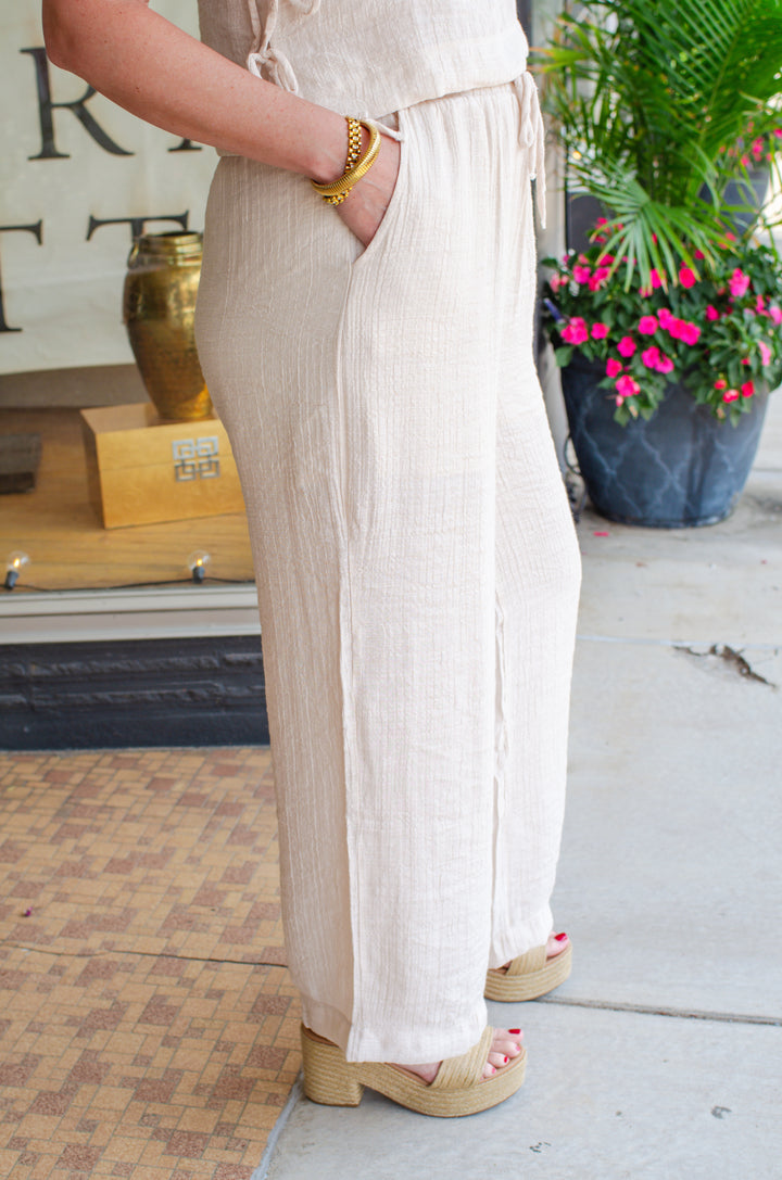 Take Me To The Beach Textured Drawstring Wide Leg Pant in Natural