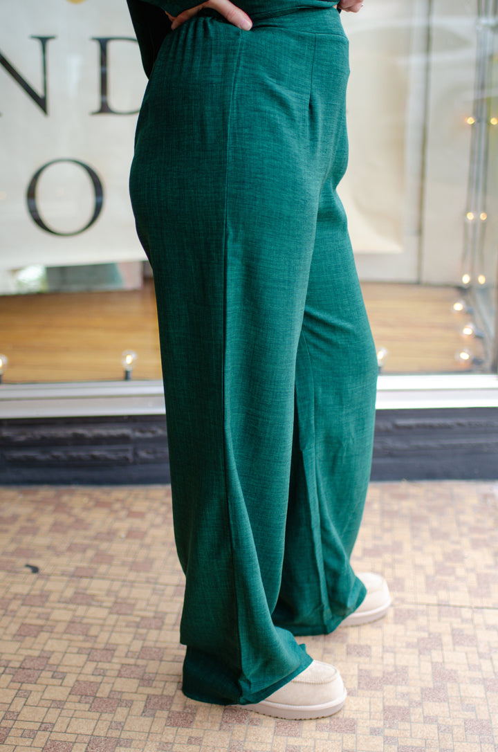 Forever True to You High Rise Poly Linen Stretch Waist Pant in Forest Green