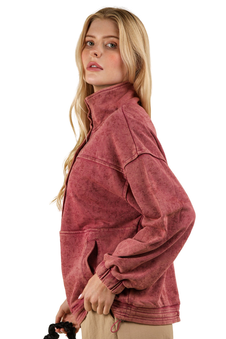 Take It Easy Mineral Washed Button Down Henley Sweatshirt Top in Wine