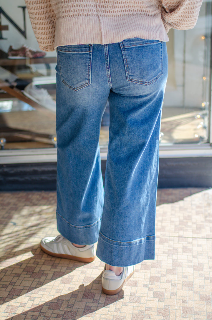 Risen Tummy Control Mid Rise Pin Tuck Crop Wide Leg Pants in Medium Wash