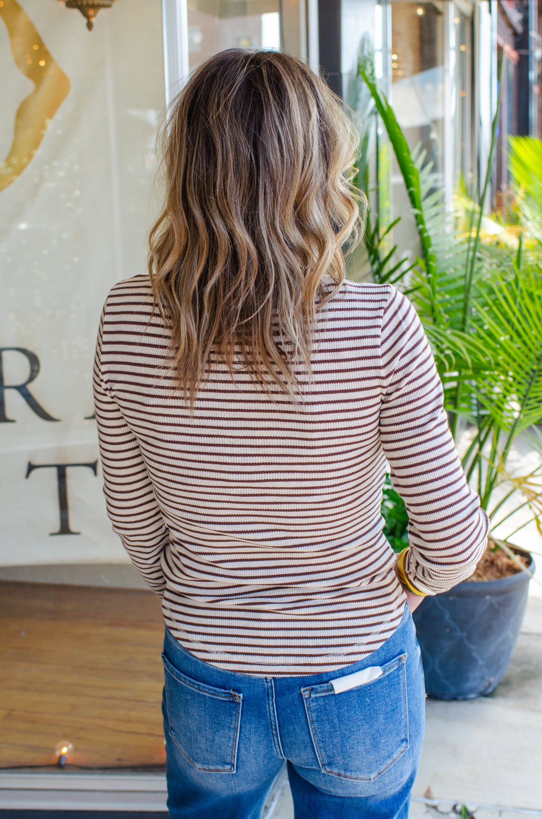 Fall Moment Stripe Henley Top in Oatmeal & Chocolate Mix