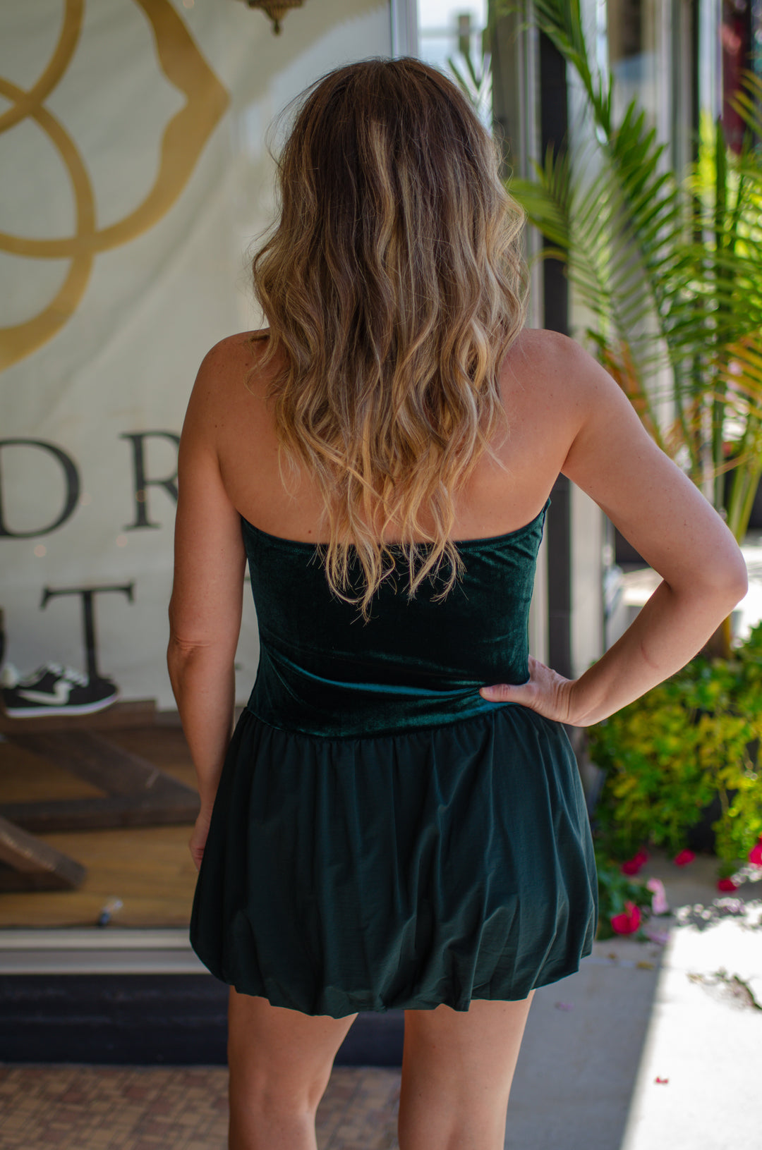 Take Me Out Velvet Strapless Bubble Hem Dress in Emerald