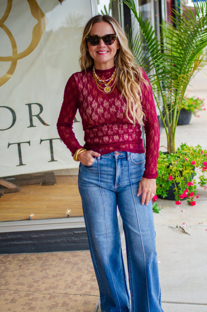 Fall Romance Fitted Floral Print High Neck lace Top in Wine