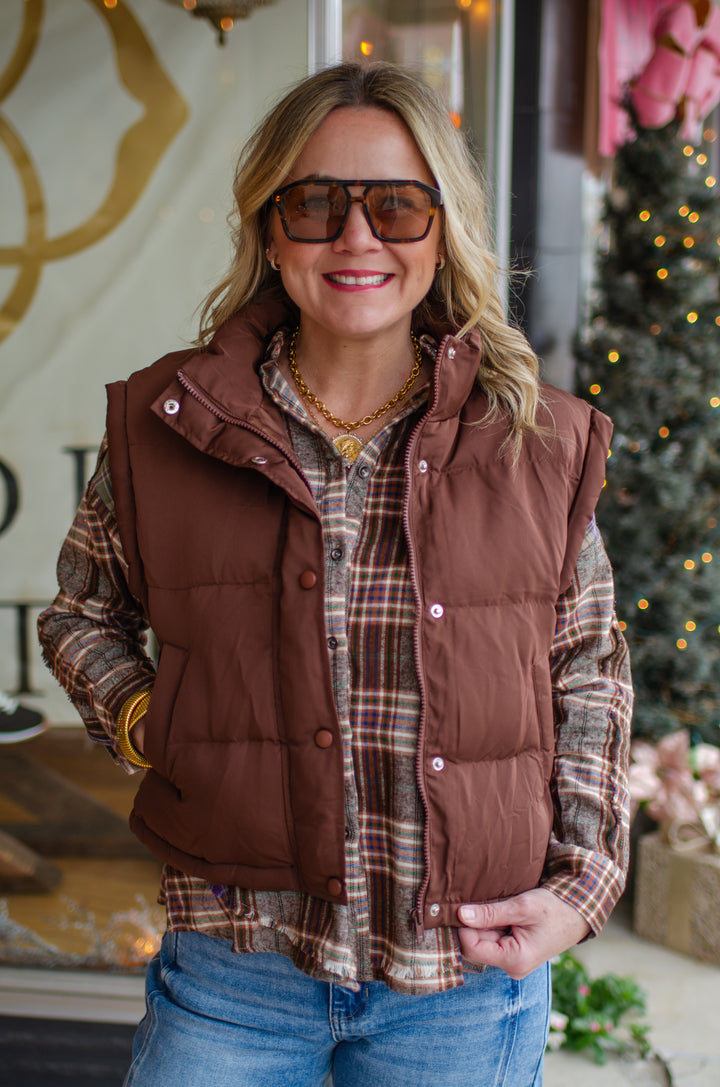 Classic Statement Puffer Vest in Chocolate
