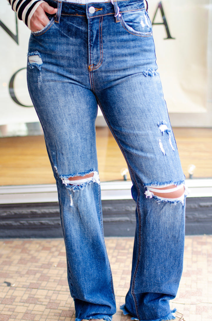 Risen High Rise Straight Leg Jeans with Distressing