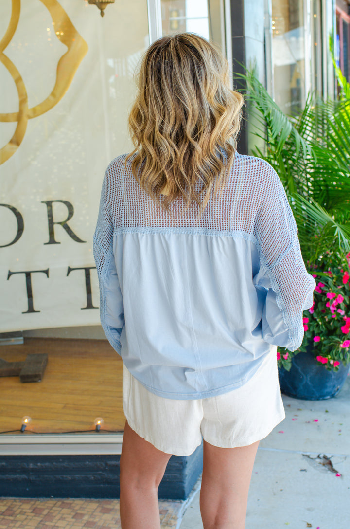 Breezy Summer Mesh Sleeve Collared Top in Blue