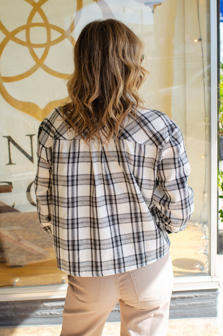 Bonfire Plaid Button Down Flannel in White/Black Mix