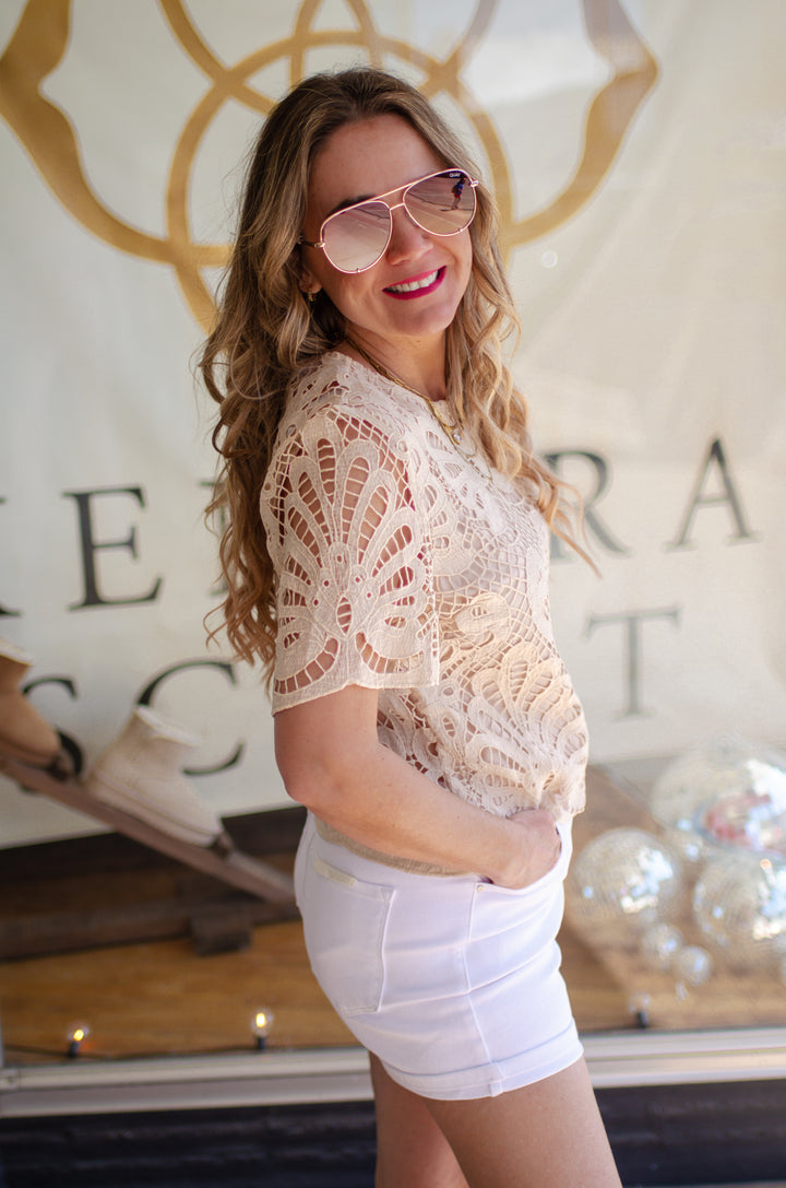 Dreamweaver Crochet Lace Cutout Top in Natural