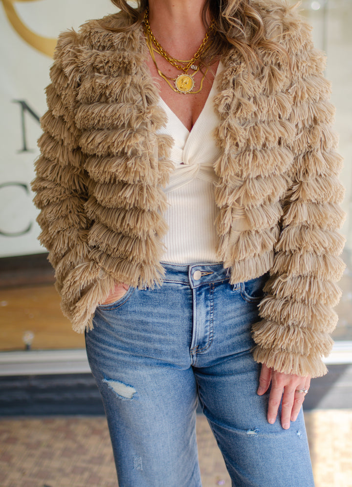 Almost Famous Shag Cropped Jacket in Taupe