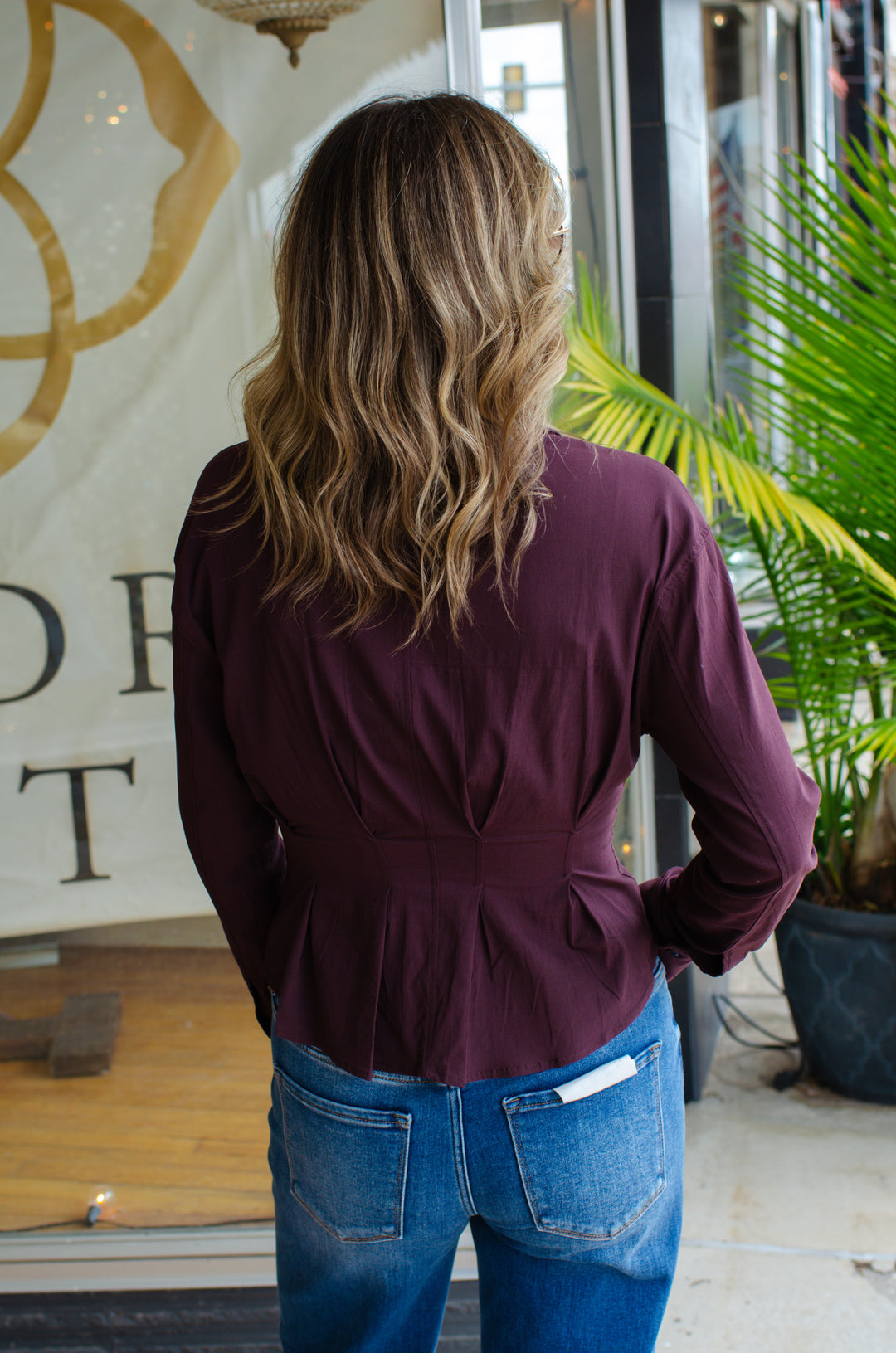 Sweet Moments Peplum Long Sleeve Collared Top in Plum