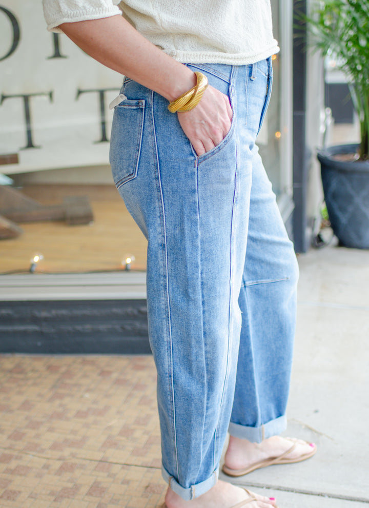 Risen Slouchy Ankle Barrel Double Roll Up Jeans