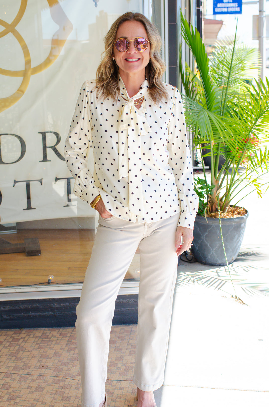 Night Out Polka Dot Button Down Bow Neckline Blouse in Off White & Black