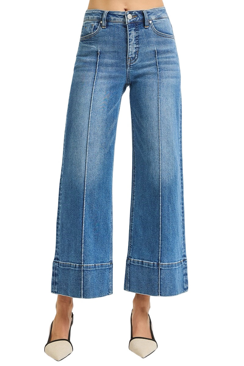 Risen Tummy Control Mid Rise Pin Tuck Crop Wide Leg Pants in Medium Wash