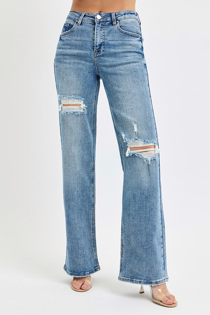 Risen High Rise Wide Leg Ripped Jeans in Medium Wash