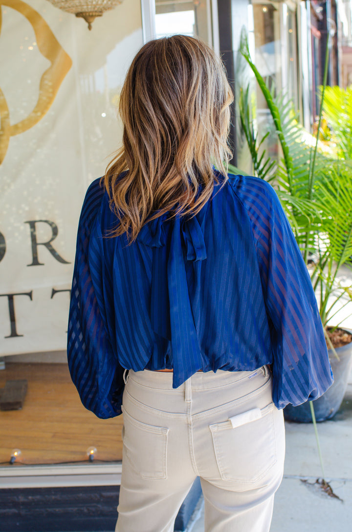 Lasting Love Metallic Stripe Bubble Hem Tie Back Blouse in Cobalt Blue