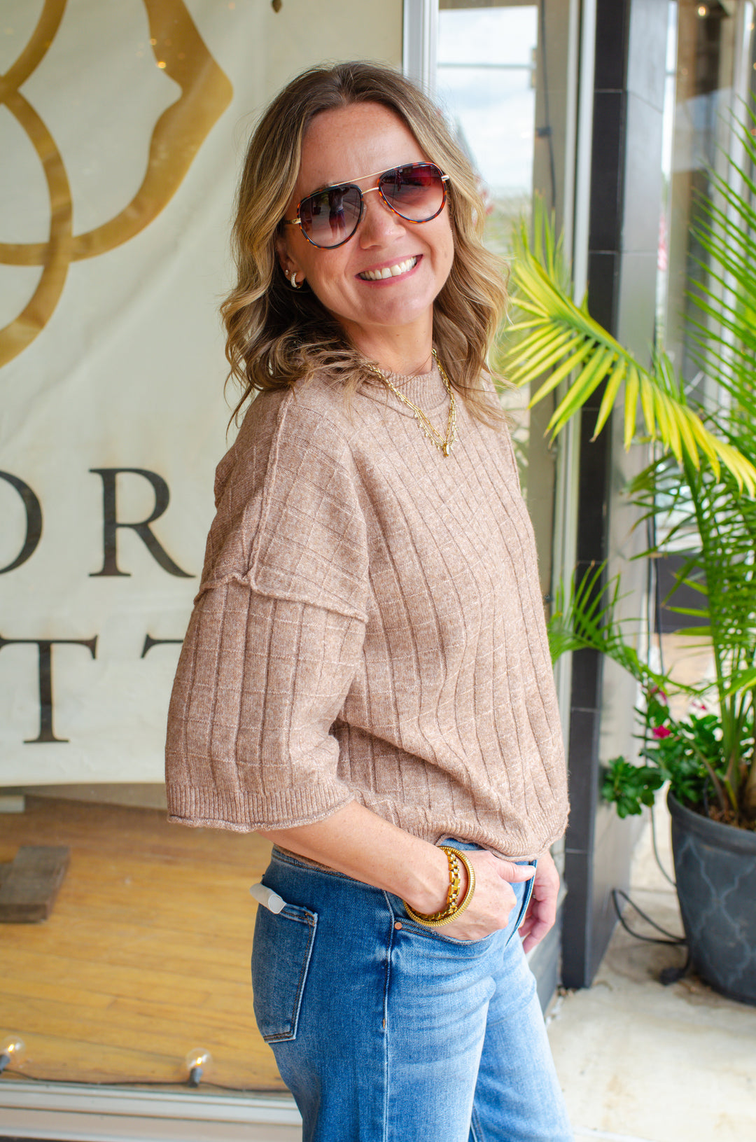 Perfect Fall Short Sleeve Textured Sweater Top in Mocha