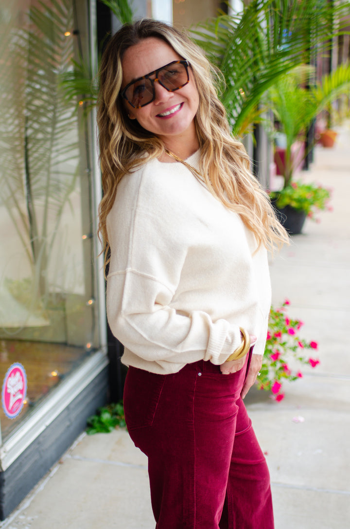Dreaming Of Fall Crewneck Front Seam Sweater in Cream
